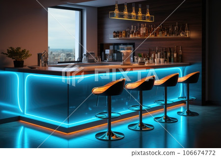 Modern kitchen with a bar counter and neon lighting Modern kitchen with a bar counter and neon lighting 106674772