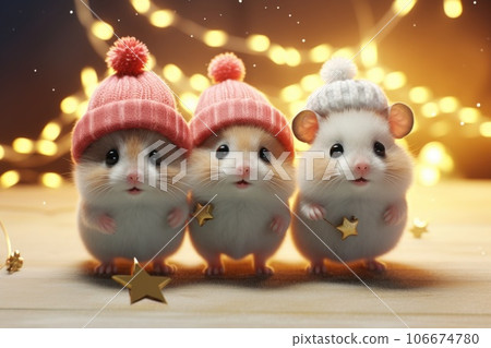 Hamsters in winter hats with small stars in their hands against the background Hamsters in winter hats with small stars in their hands against the background 106674780