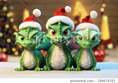Three green dinosaurs in hats, symbol of the year 106674781
