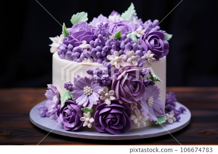 Bouquet pastries, white cake with purple flowers Bouquet pastries, white cake with purple flowers 106674783