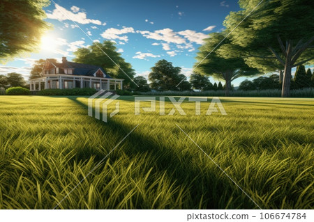 Green mown lawn on the background of the house Green mown lawn on the background of the house 106674784