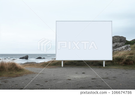A large street billboard for advertising against the background of the sea and rocks A large street billboard for advertising against the background of the sea and rocks 106674786