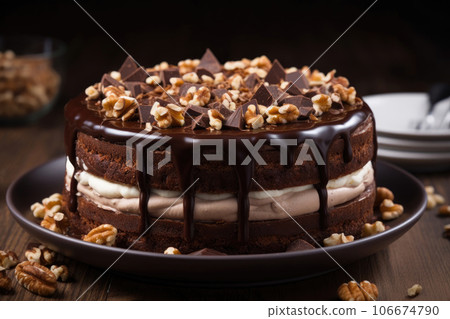 Round chocolate layer cake with nuts and chocolate icing Round chocolate layer cake with nuts and chocolate icing 106674790