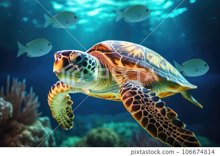 Close-up of a green sea turtle swimming underwater - Stock Illustration ...