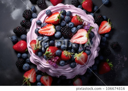 Cake with pink whipped cream, fresh strawberries, blueberries and blackberries. Cake with pink whipped cream, fresh strawberries, blueberries and blackberries. 106674816