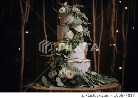 Three-tiered white wedding cake decorated with flowers and green eucalyptus leaves 106674817