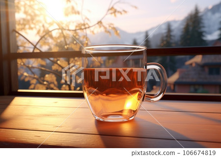 A glass cup of tea stands near the window 106674819