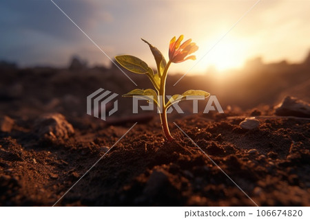 A small plant with a flower in the soil 106674820