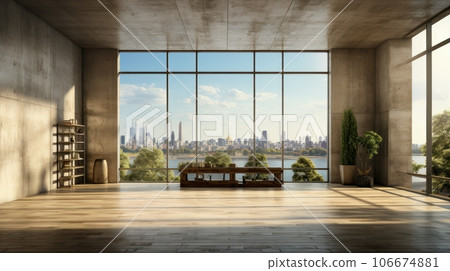 Interior of empty open space room in modern urban building for office or loft studio. Concrete walls and floor, home decor. Floor-to-ceiling windows with city view. Mockup, 3D rendering. 106674881