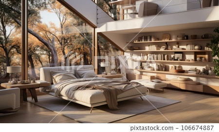 Interior of minimalist scandi bedroom in luxury villa. Simple wooden bed and elements of interior, chillout area, bookshelves, panoramic windows with scenic landscape. Ecodesign. 3D rendering. Interior of minimalist scandi bedroom in luxury villa. Simple wooden bed and elements of interior, chillout area, bookshelves, panoramic windows with scenic landscape. Ecodesign. 3D rendering. 106674887