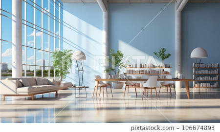 Interior of open space office in modern building. Glossy floor, large desk with chairs, bookshelves, chillout area. Panoramic windows with city view. Contemporary design. Mockup, 3D rendering. 106674893
