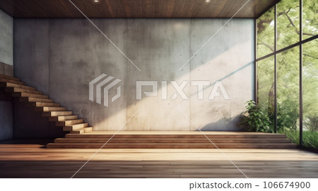 Interior of loft style room in luxury villa. Empty concrete walls, wooden floor, wooden staircase, houseplant, panoramic window with garden view. Contemporary home design. Mockup, 3D rendering. 106674900