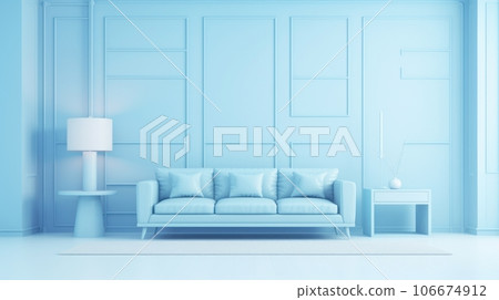 Stylish minimalist monochrome interior of modern cozy living room in white and pastel blue tones. Trendy couch, coffee table, table lamp. Creative home design. Mockup, 3D rendering. 106674912