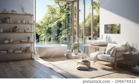 Interior of minimalist scandi bathroom in luxury villa. White walls, free standing bath and sink, comfortable armchair, panoramic windows overlooking scenic landscape. Ecodesign. 3D rendering. 106674913