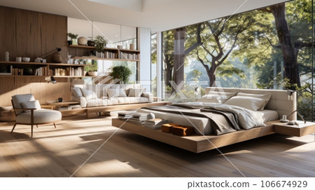 Interior of minimalist scandi bedroom in luxury villa. Simple wooden bed and elements of interior, chillout area, bookshelves, panoramic windows with scenic landscape. Ecodesign. 3D rendering. 106674929