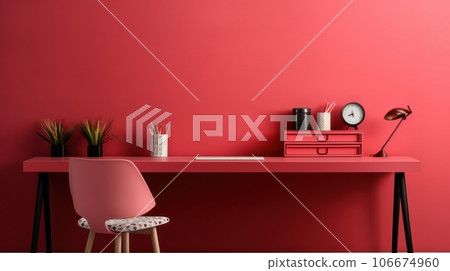 Stylish minimalist monochrome interior of modern office room in pastel carmine red and pink tones. Large desktop, office tools, table lamp, houseplants, chair. Creative design. Mockup, 3D rendering. Stylish minimalist monochrome interior of modern office room in pastel carmine red and pink tones. Large desktop, office tools, table lamp, houseplants, chair. Creative design. Mockup, 3D rendering. 106674960