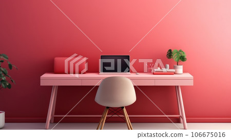 Stylish minimalist monochrome interior of modern office room in pastel carmine red and pink tones. Large desktop, computer, office tools, houseplants, chair. Creative design. Mockup, 3D rendering. Stylish minimalist monochrome interior of modern office room in pastel carmine red and pink tones. Large desktop, computer, office tools, houseplants, chair. Creative design. Mockup, 3D rendering. 106675016