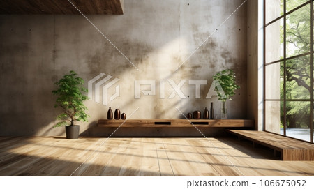 Interior of loft style room in luxury villa. Empty concrete walls, wooden floor, wooden console, houseplant, panoramic window with garden view. Contemporary home design. Mockup, 3D rendering. 106675052