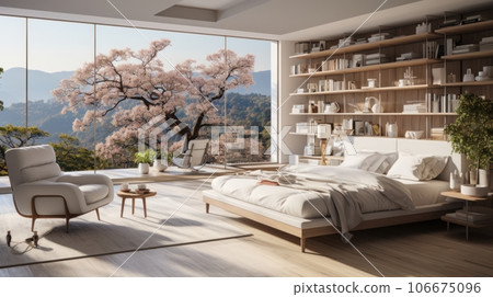 Interior of minimalist scandi style bedroom in luxury villa. White walls, comfortable bed, armchair, bookshelves, floor-to-ceiling windows overlooking scenic landscape. Ecostyle home design. 106675096
