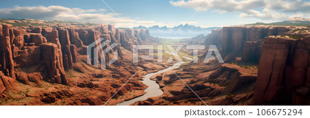 aerial view of a deep canyon with rugged cliffs and a winding river. Generative AI aerial view of a deep canyon with rugged cliffs and a winding river. Generative AI 106675294