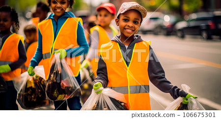children participating in a citywide cleanup competition, inspiring civic responsibility. Generative AI children participating in a citywide cleanup competition, inspiring civic responsibility. Generative AI 106675301