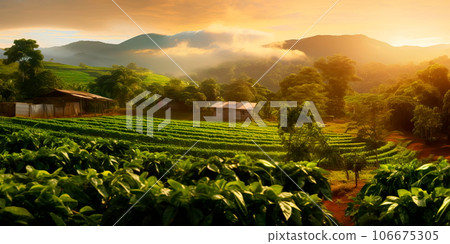 coffee farm at sunrise, with coffee plants bathed in golden light. Generative AI 106675305