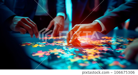 individuals piecing together a giant puzzle, representing teamwork and collaboration in business. Generative AI 106675306