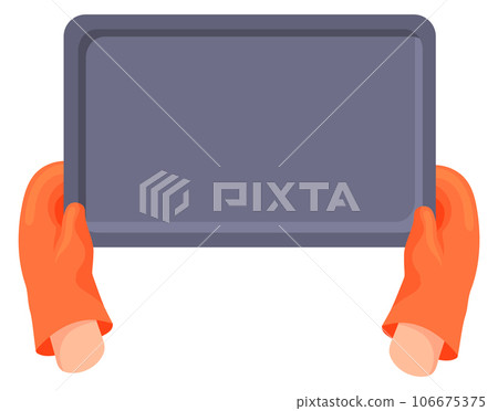 Baking tray in oven mitten hands. Cartoon cooking 106675375