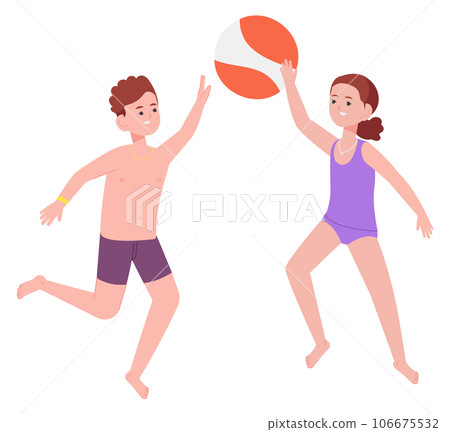 Kids playing beachball. Summer game. Joyful children Kids playing beachball. Summer game. Joyful children 106675532