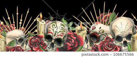 Human skulls with an ornament, red roses in a golden crown, candles, cobwebs. Hand drawn watercolor illustration for Halloween, day of the dead, Dia de los muertos. Seamless board on black background. 106675566