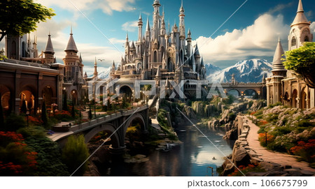 medieval kingdom with a majestic castle and knights in shining armor. Generative AI 106675799