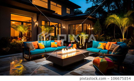 space with a modern fire table as the centerpiece, complemented by comfortable seating and vibrant throw pillows. Generative AI 106675854