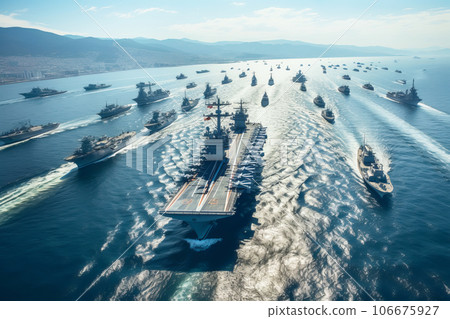 Modern military naval warships in open sea. Military naval exercises 106675927