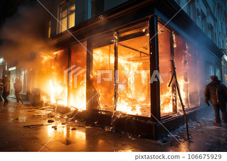 Pogroms and riots in night city. People smash shop windows with firebombs 106675929