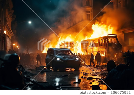 Pogroms and riots in night city. Broken cars on fire Pogroms and riots in night city. Broken cars on fire 106675931