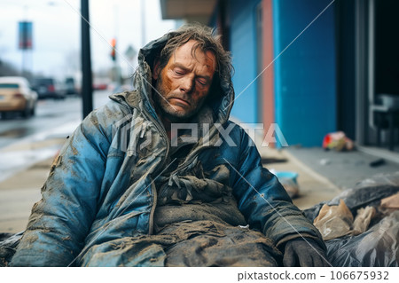 Homeless man sleeping sitting on street in big modern city Homeless man sleeping sitting on street in big modern city 106675932
