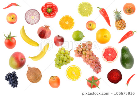 Big set falling vegetables and fruits isolated on white Big set falling vegetables and fruits isolated on white 106675936