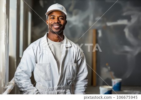 African american house painter male in renovation room. Decoration and improvement living or office interior. 106675945