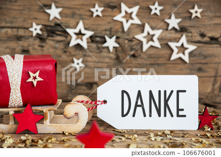 Text Danke, Means Thanks, Label With Sled, Christmas Text Danke, Means Thanks, Label With Sled, Christmas 106676001