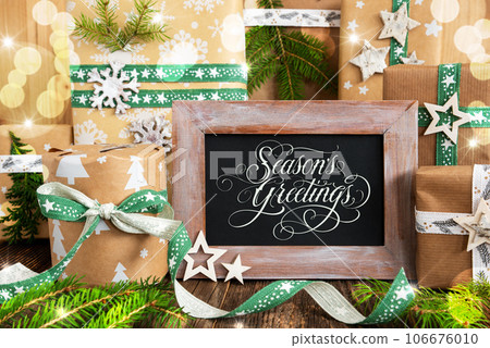 Text Seasons Greetings, Sustainable Winter Decor, Christmas Background 106676010