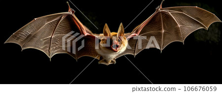 bat hunting for food at night, black background, banner 106676059