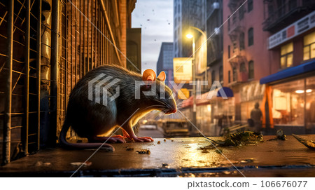 rodents in the city, a rat is looking for food on a dirty street 106676077