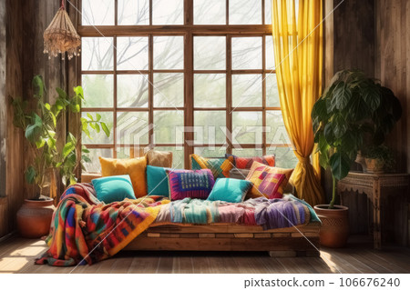 Room in boho style in eco hotel with window, wooden sofa, multi colored pillow, bedspread and plants. Generative AI 106676240