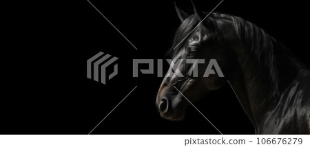Head of a horse thoroughbred stallion in profile close up. Panoramic image on the right, of the head of a home animal on the background of a black isolated banner. AI. Head of a horse thoroughbred stallion in profile close up. Panoramic image on the right, of the head of a home animal on the background of a black isolated banner. AI. 106676279
