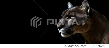 Head of a cougar, a close up of a predatory animal. Image on the right, panther head on a black isolated panoramic banner background. AI. Head of a cougar, a close up of a predatory animal. Image on the right, panther head on a black isolated panoramic banner background. AI. 106676280