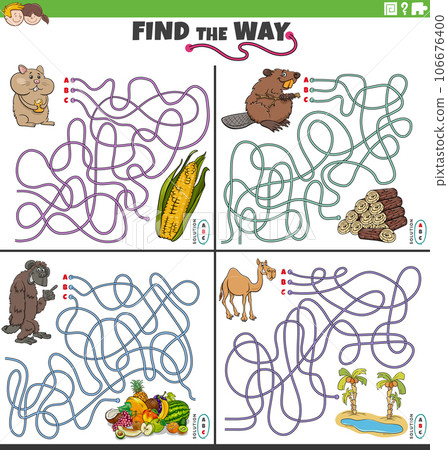 find the way maze games set with cartoon animals 106676400