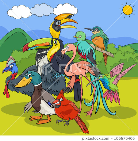 funny cartoon birds animal characters group 106676406