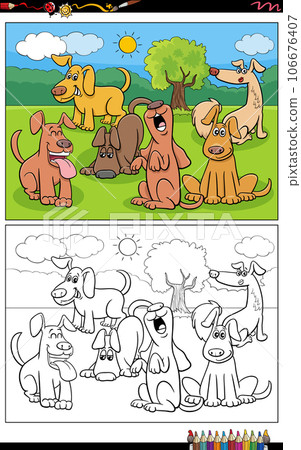 cartoon dogs and puppies characters group coloring page 106676407