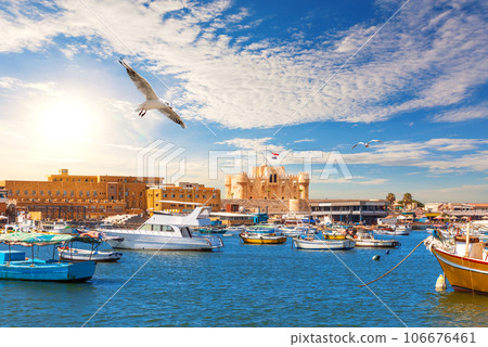 Beautiful view of the harbour and the Citadel of Qaitbay, the place of famous Lighthouse, Alexandria, Egypt 106676461