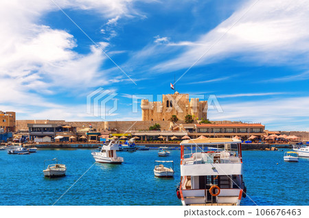 The Fort of Qaitbay, fortress built on the exact site of the famous Lighthouse of Alexandria on the sea, Egypt 106676463